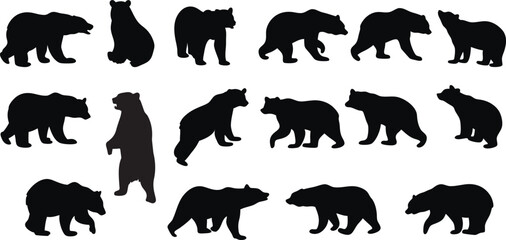 Bear Silhouette Set - Fierce and Cute Bear Outlines for Logos, Scalable Vector Art in Black and White, Perfect for Branding, Apparel and Wall Art, Black Bear isolated on white background, eps10.