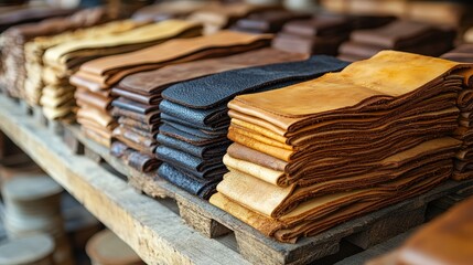 Stacks of leather hides in various colors arranged on shelves