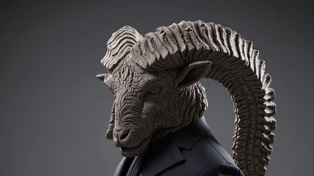 Businessperson wearing ram head rotating, symbolizing leadership strength and professional ambition against neutral gray backdrop