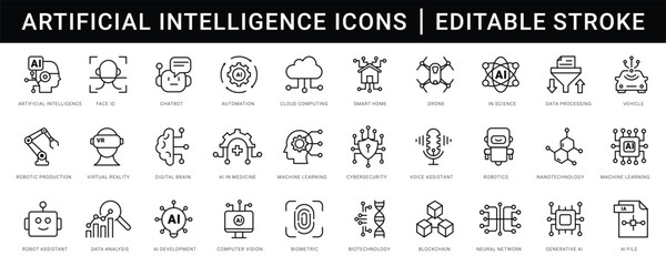 Artificial intelligence icons, such as digital brain, robot, machine learning, smart home and more. Editable stroke. Change to any size and any color.