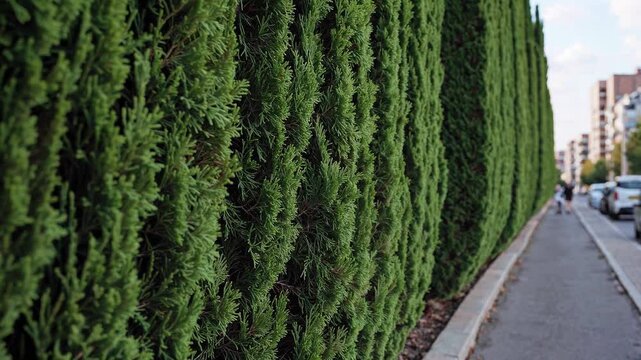 Green hedge bordering pristine sidewalk, defining urban landscape with lush foliage creating natural boundary along residential street