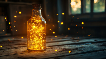 A glass bottle filled with glowing fireflies