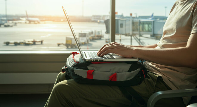 Traveler Working on Laptop at Airport Terminal