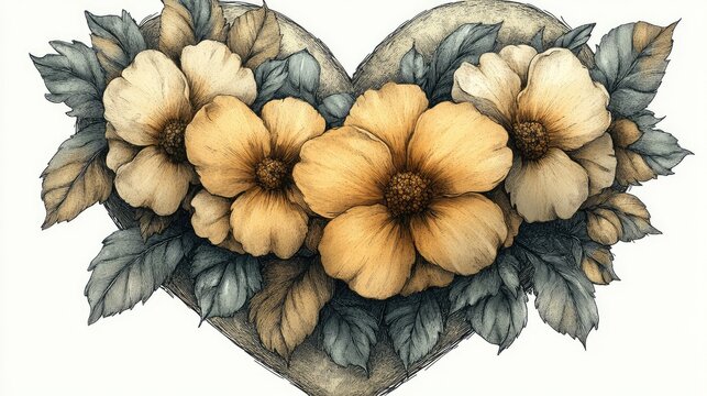 Heart-shaped floral arrangement, digital art, romantic design, grief card