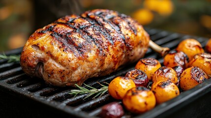 Grilled pork and squash on a black grilling surface