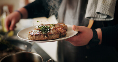 Hands, chef and plate with steak, hospitality and preparation for beef in restaurant and culinary skills. Catering business, process and person with presentation of meat, kitchen or herbs for gourmet