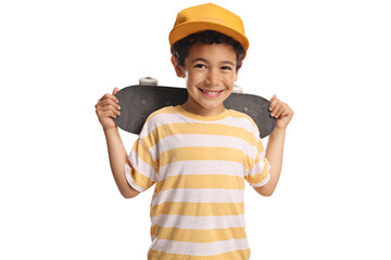 Asian kit with a cap holding a skateboard