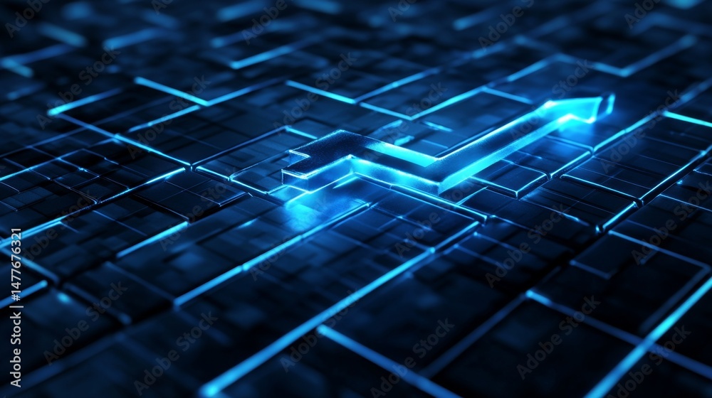 Poster dynamic blue arrow navigating through a complex digital structure abstract environment futuristic co