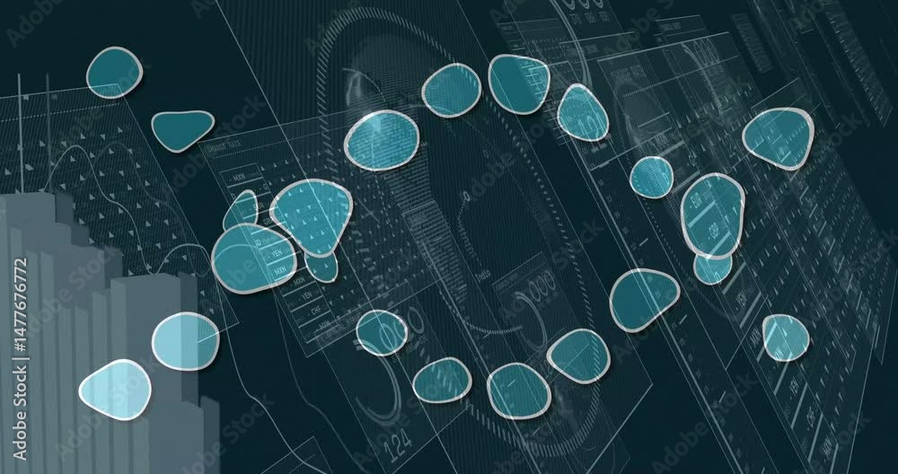 Poster horizontal chain of turquoise nodes flowing across dark interface, presenting data charts and maps