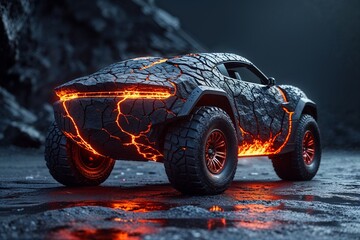 Lava Car with Cracked Molten Surface and Fiery Glow