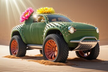 Cactus-Themed SUV with Flowers in Desert