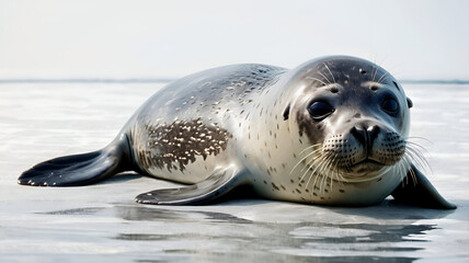  A cute seal lying on its back with flippers relaxed, looking content or playful