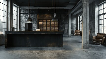 An elegant concrete office space that merges raw concrete with stylish accents and professional furnishings.