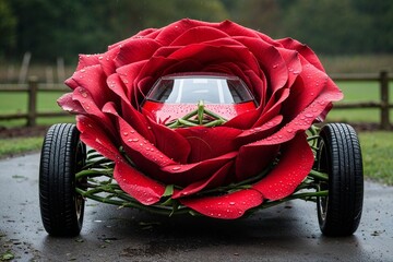 Red Rose Car Made of Petals and Green Wheels