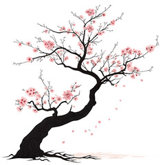 Cherry Blossom Tree Silhouette with Subtle Pink Blossoms, Elegant Spring Floral Minimalist Artwork

