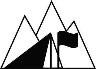 Black 2D vector icon of mountain base camp used in travel and adventure-related designs