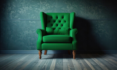 A single green chair placed against a green wall in a simple room