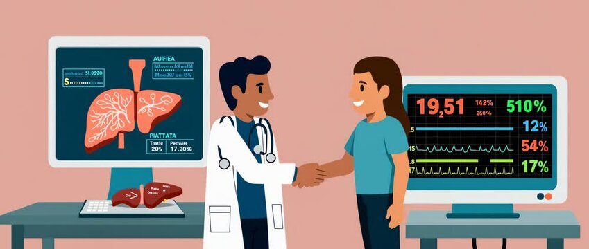 Doctor and Patient Handshake, Liver Scan and Vital Signs Displayed