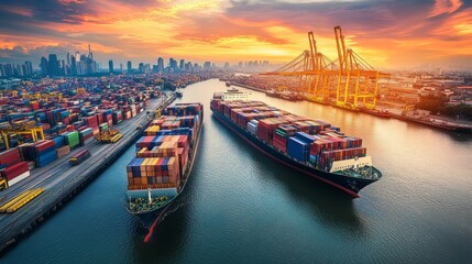 Naklejka premium Global logistics management showcases digital advancements in shipping port environment aerial view urban landscape