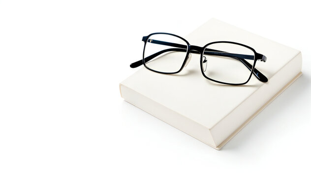 A pair of stylish black rectangular eyeglasses lie on a white book,  evoking an air of intellectualism and sophistication.  The simplicity of the image creates a clean and modern aesthetic.