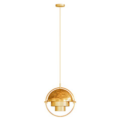 A gold lamp hanging from the ceiling