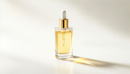 A close-up shot of a beautiful, stylish glass bottle of golden liquid serum with a dropper, casting shadows, emphasizing its luxurious aesthetic.