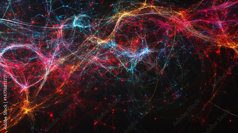 Poster intertwining glowing data threads in a virtual domain abstract digital art futuristic environment ca