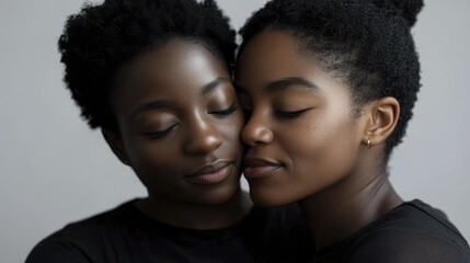 Obraz premium Two Black Women Embracing with Eyes Closed in a Gentle Loving Moment