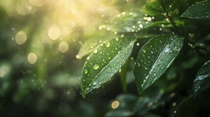 Fresh Green Leaves Covered in Water Droplets Sparkle in Sunlight