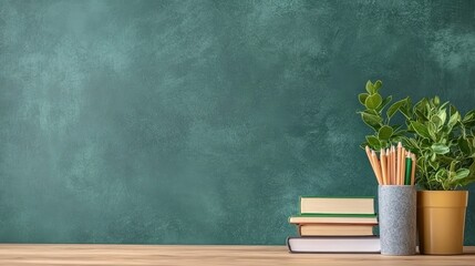 Books pencils plant on green backdrop for education or workspace theme