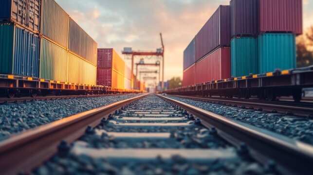 Intermodal transportation logistics with containers rail yard industrial scene sunset ground level efficient cargo movement