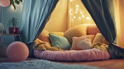 Cozy Play Tent Interior with Pillows and Warm Lighting for Relaxation and Childhood Playtime