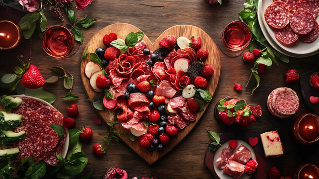 A romantic charcuterie board arranged in a heart shape with salami and fresh berries.