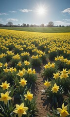 Obraz premium Vast field of daffodils bathed in sunlight, clear blue sky backdrop, nature, golden