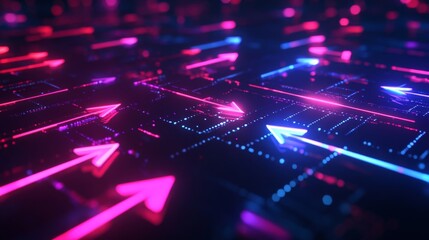 Obraz premium Vibrant neon arrows illuminating a dark matrix digital art futuristic environment abstract viewpoint