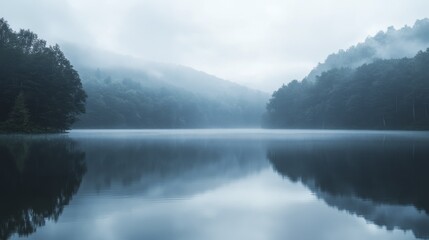 Fototapeta premium Misty Lake Surrounded by Forest Reflecting in Calm Water at Early Morning