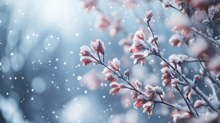 Frosted Blossoms on Branches with Falling Snowflakes in a Winter Scene