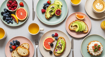 Varied Brunch Spread with Avocado Toast, Fruit, and Refreshing Beverages