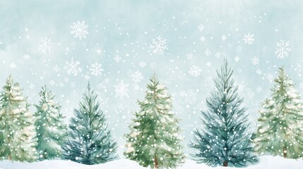 Obraz premium Playful watercolor illustration of snowy pine trees in a winter landscape with soft snowfall