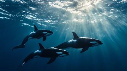 Orca whales swimming gracefully in clear blue waters nature documentary underwater scene marine life