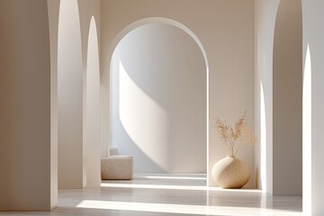 Minimalist interior features soft shadows, elegant arches, and m