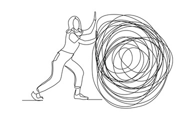 continuous line drawing of business woman push stone rock obstacle sketch editable stroke vector illustration