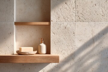 Minimalist shelf design featuring natural materials, soft shadow