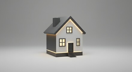 Rendering of Small House with Warm Lighting on Neutral Background