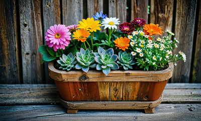 A wooden planter filled with vibrant flowers