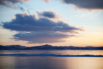 ice of Lake Baikal, winter landscape. Small sea