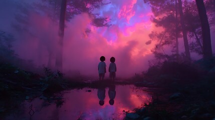 Obraz premium Children by a pink-sky reflected forest puddle