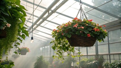 Hanging flower baskets in greenhouse with natural light and greenery  