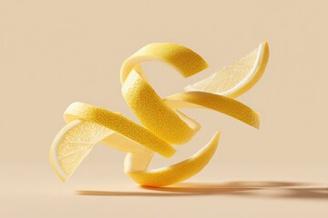 Swirling lemon peels create dynamic composition against soft bac
