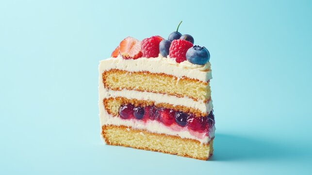 Delicious slice of layered cake, topped with fresh berries and creamy frosting